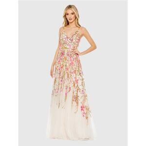 NWT Mac Duggal #5671 V-Neck Floral Embellished Spaghetti Strap Gown